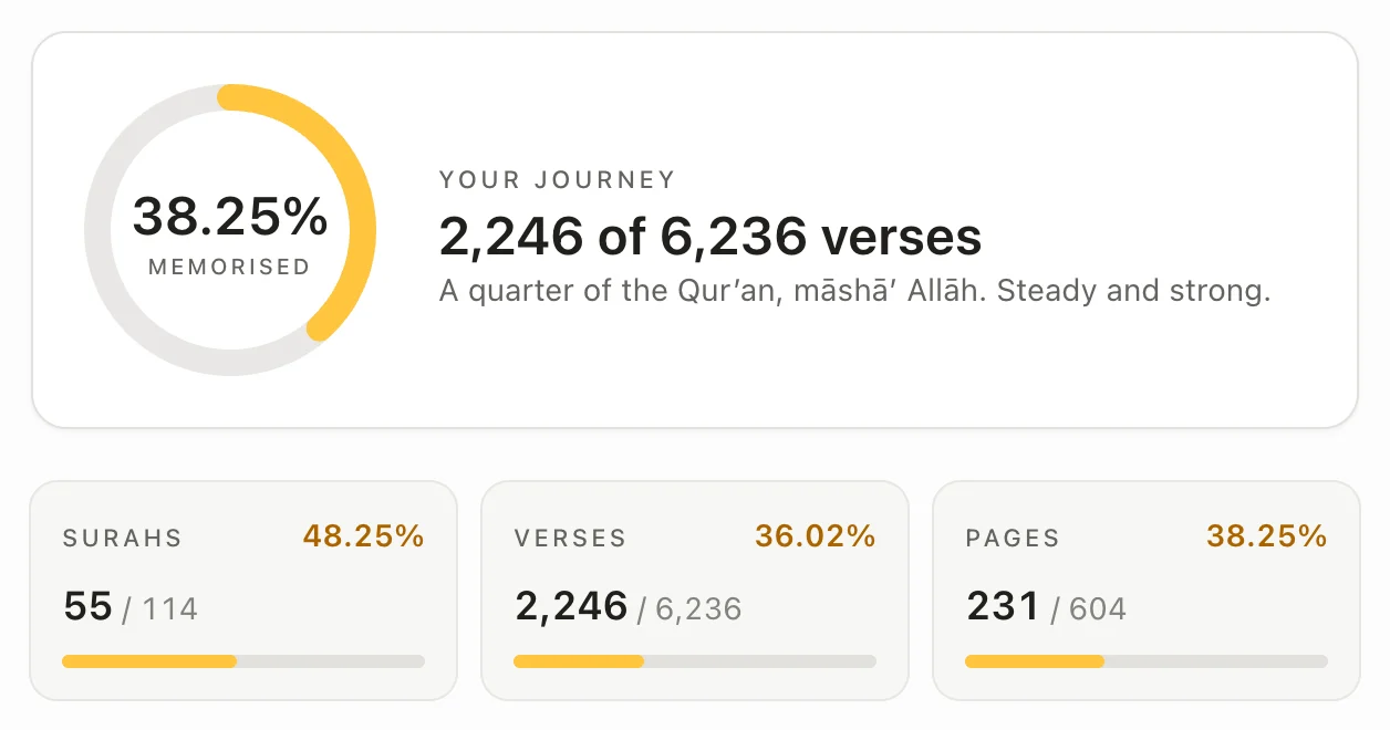The memorisation tracker: a ring showing how much of the Qur’an is memorised, with the count in surahs, verses and pages beneath it.