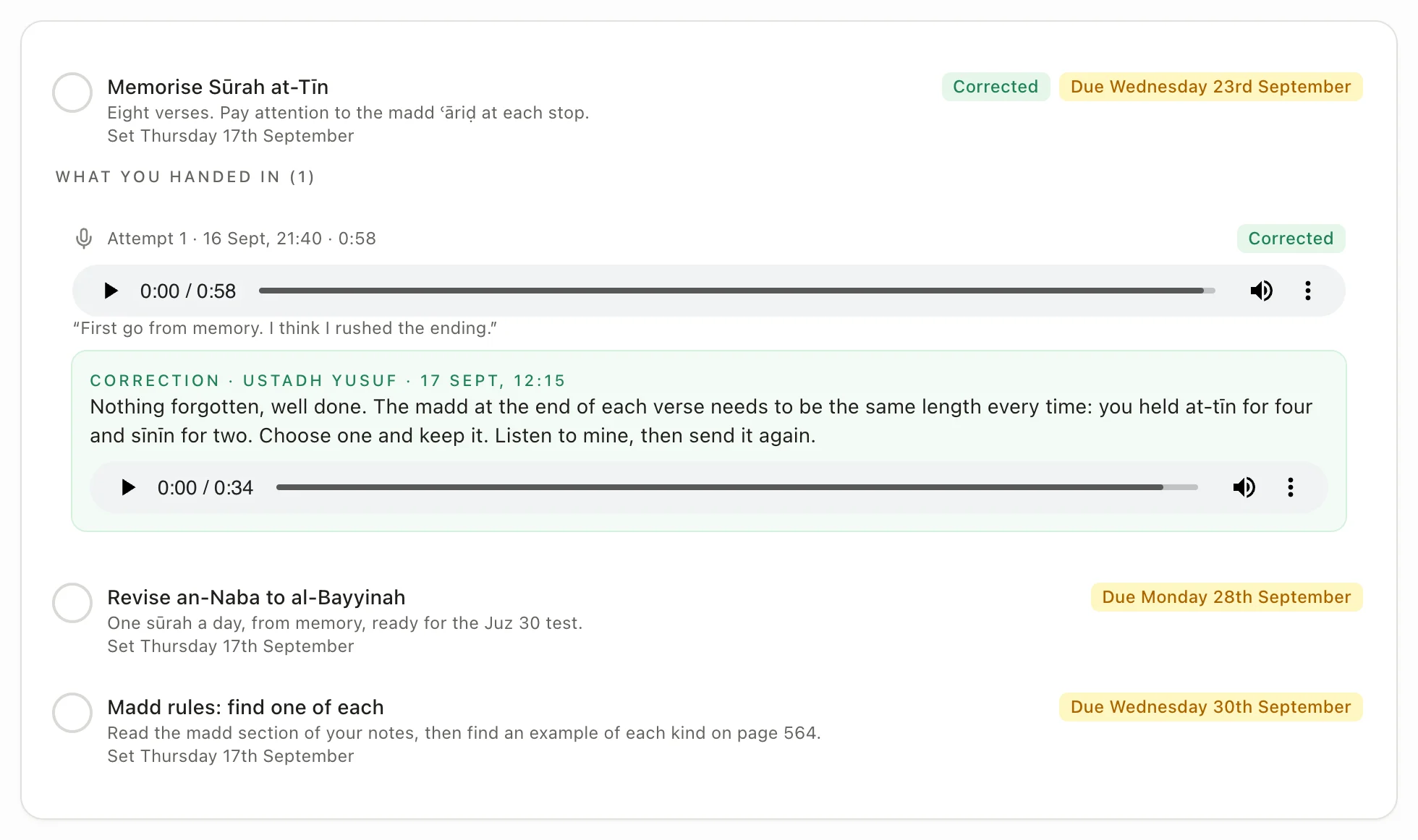 Homework in the portal: the student’s recording marked corrected, the teacher’s written correction with a recording of his own, and the next two tasks on the list.