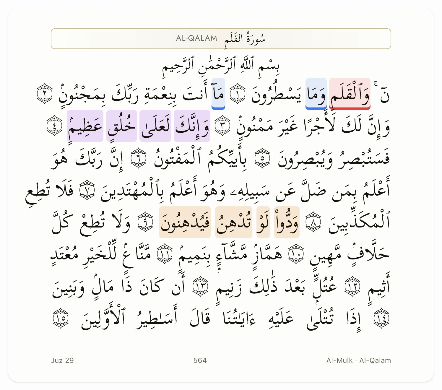 Page 564 of the muṣḥaf in the portal, fifteen lines, with words marked by the teacher in red and blue and by the student in purple and amber.
