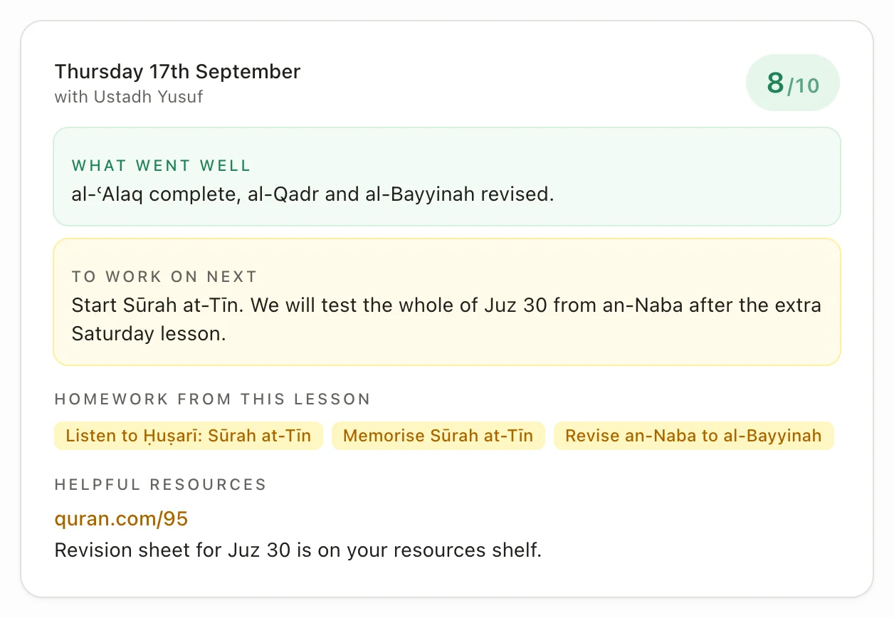 A lesson review in the portal: eight out of ten, what went well, what to work on next, the homework set from the lesson and a helpful resource.