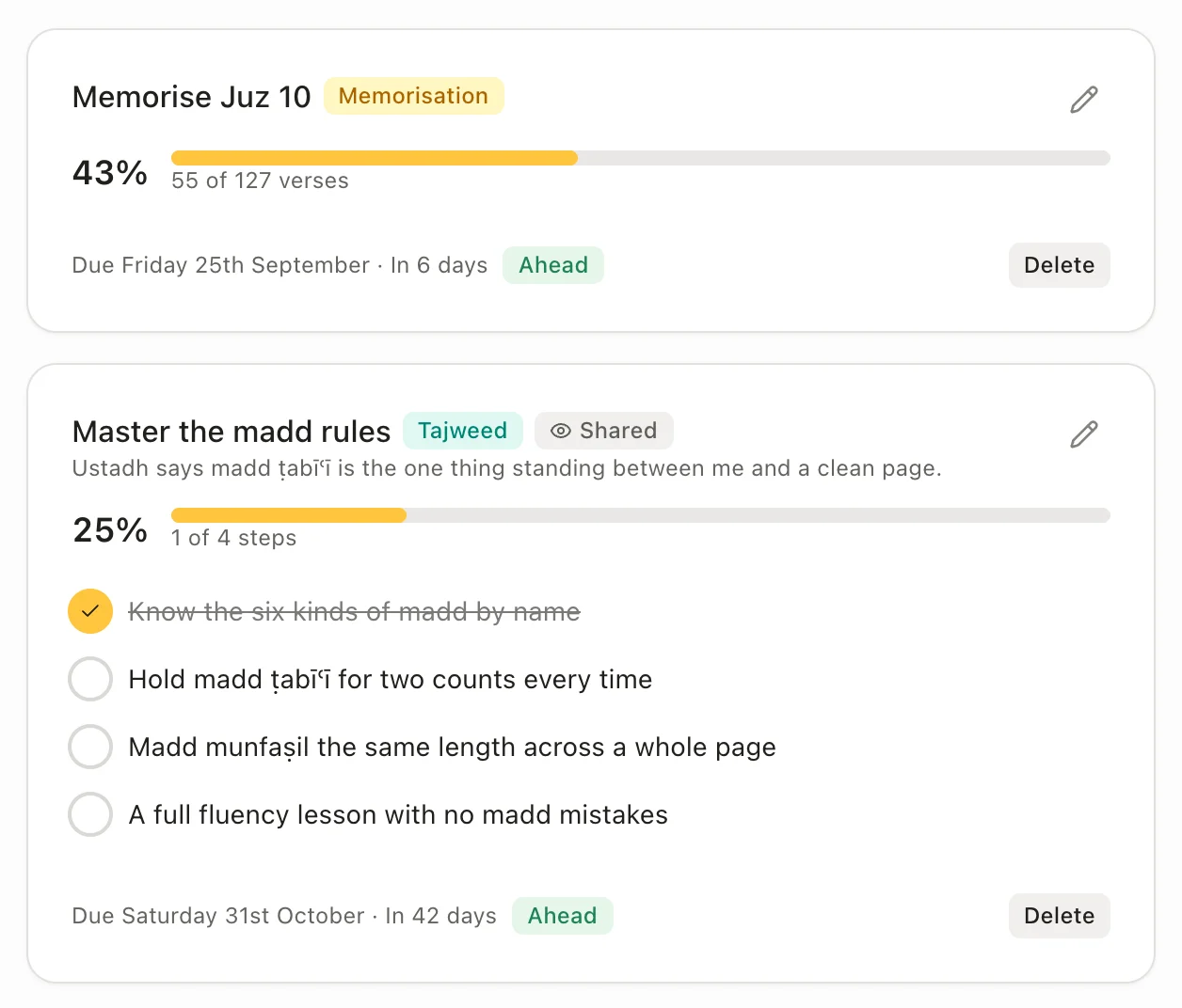 Two more goals: memorising Juz 10, counted in verses, and mastering the madd rules, in steps.